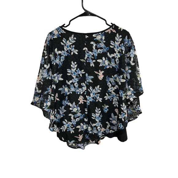 Notations Floral Chiffon Poncho Blouse Black Blue Sz XL Clip Dot Rhinestone Boho - Picture 2 of 11